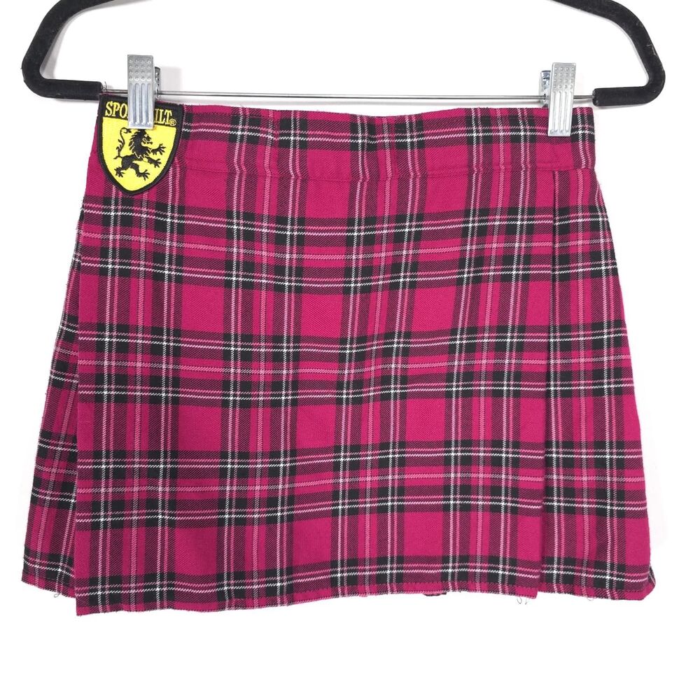 SPORT KILT Women's Mini Skirt Pleated Pink Black MEDIUM Punk Goth Plaid USA MADE